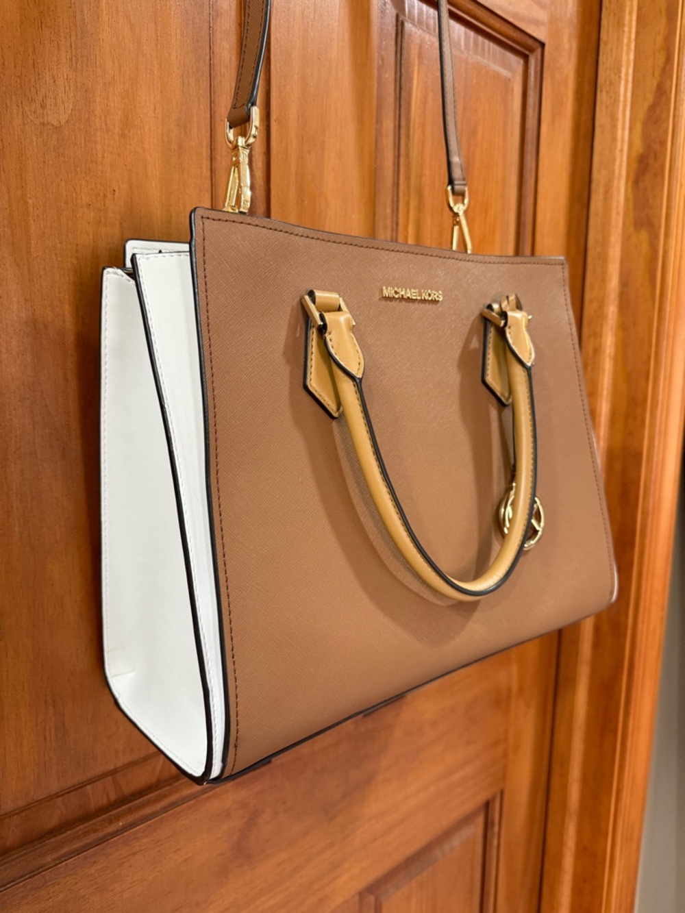Michael Kors Brown and White Saffiano Leather Satchel with Gold Hardware